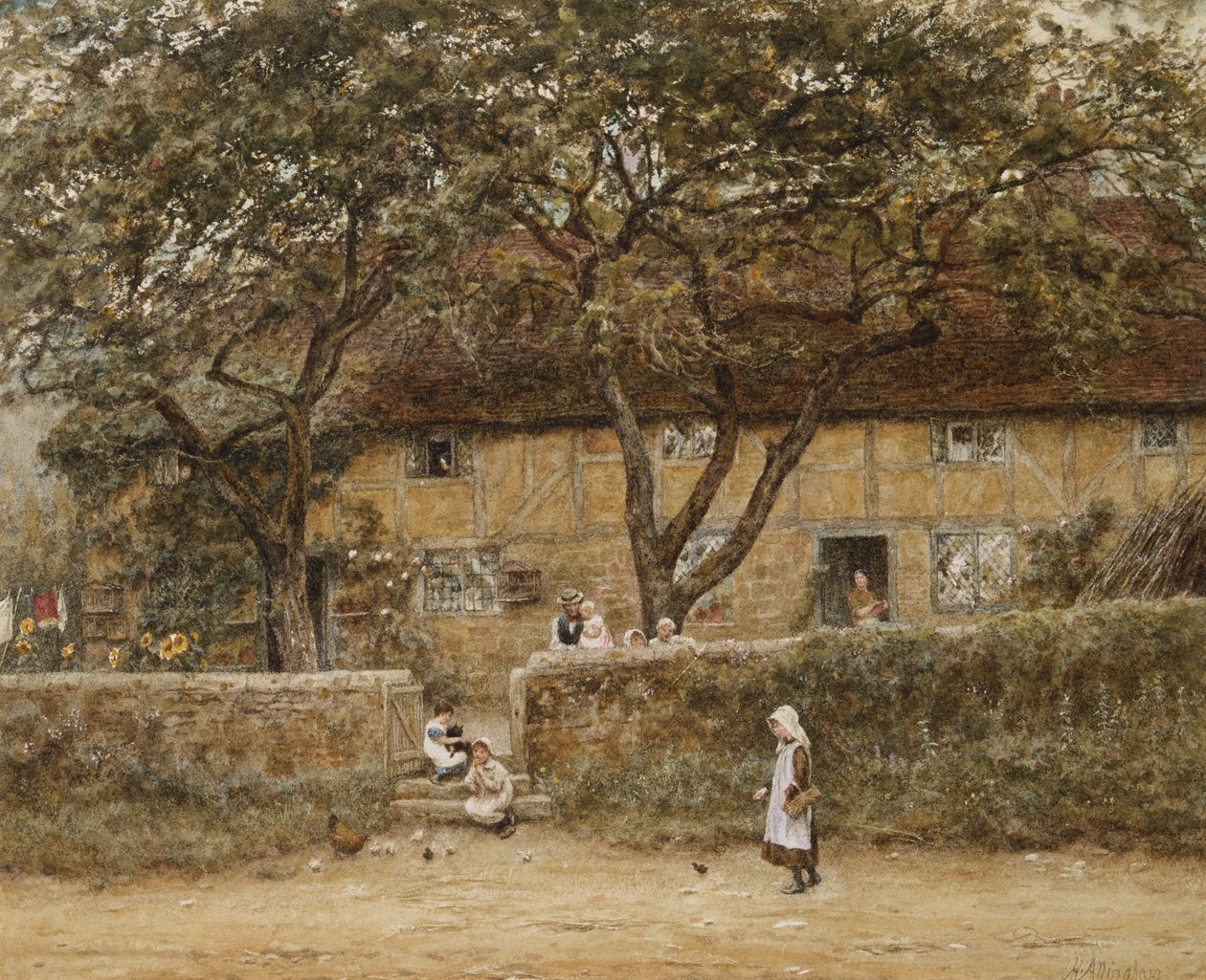 Gyerekek a kunyhón kívül (akvarell, kikarcolt papíron) alkotó: Helen Allingham