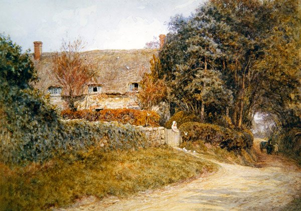 A galambok etetése (akvarell papíron) alkotó: Helen Allingham