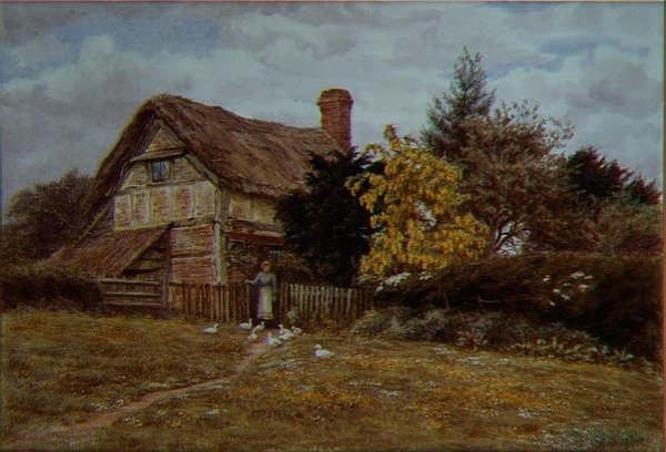 Laburnum Cottage: egy nő kacsát etet (akvarell) alkotó: Helen Allingham