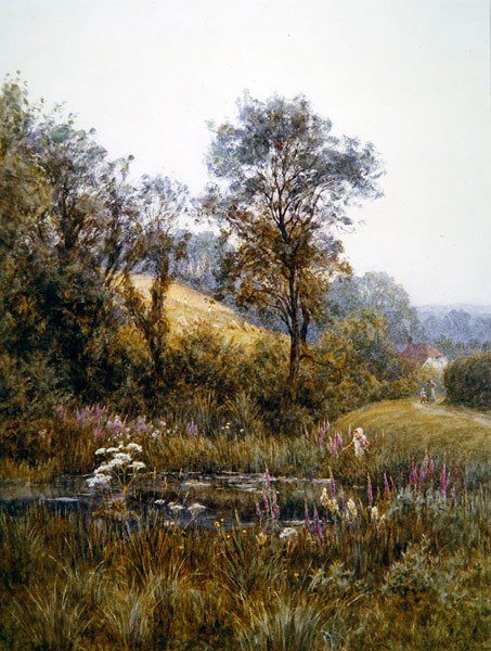 Virágszedés a tó mellett (akvarell és papírra karcolás) alkotó: Helen Allingham
