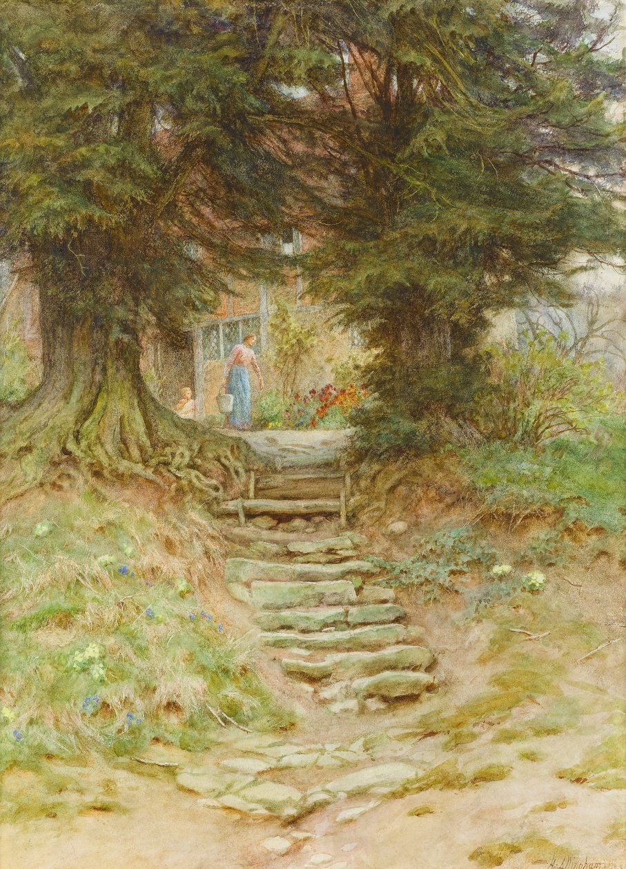 Tavasz Crocken Hillben, Kent (wc, papír) alkotó: Helen Allingham