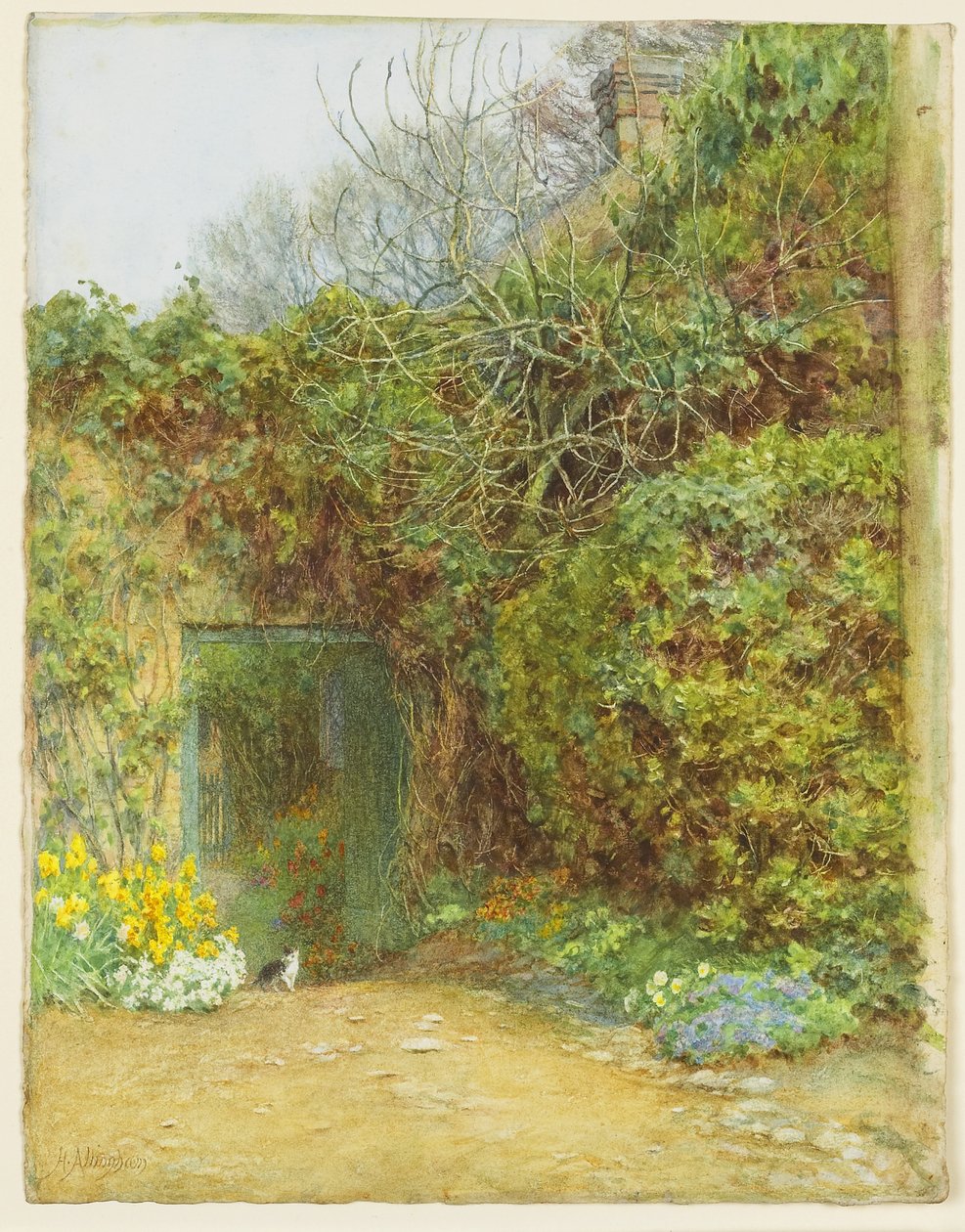 The Dairy Door, Farringford, Lord Tennysons Home, 1890 körül (wc, gumiarábikum és szőtt papíron kikaparva) alkotó: Helen Allingham