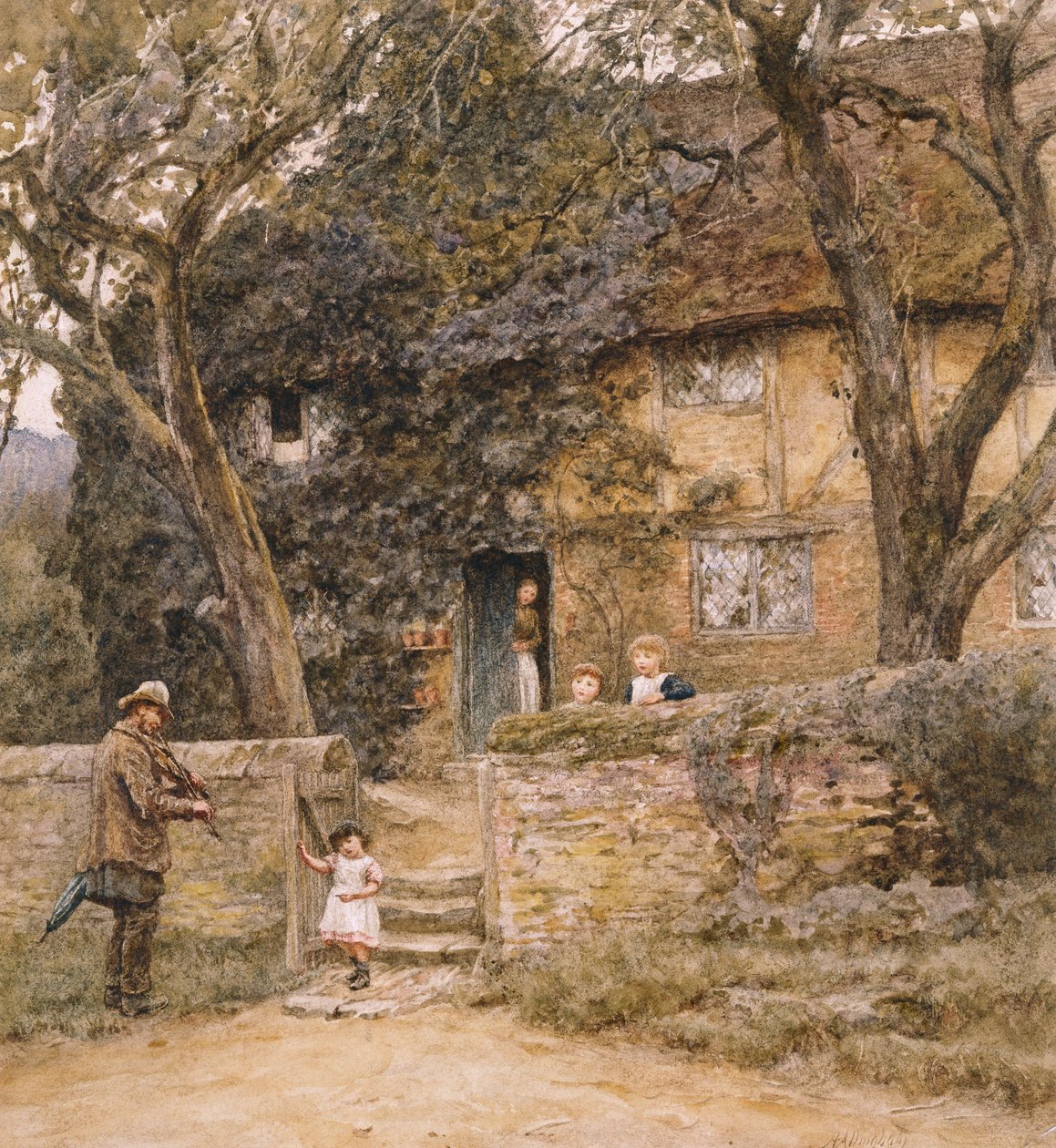 A hegedűs (akvarell kikaparással) alkotó: Helen Allingham