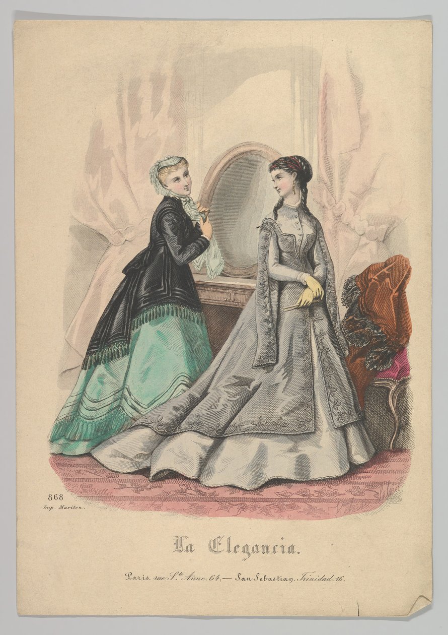 Két nő tükörrel, 868. sz., La Elegancia San Sebastian, 19. század. alkotó: Heloise Leloir