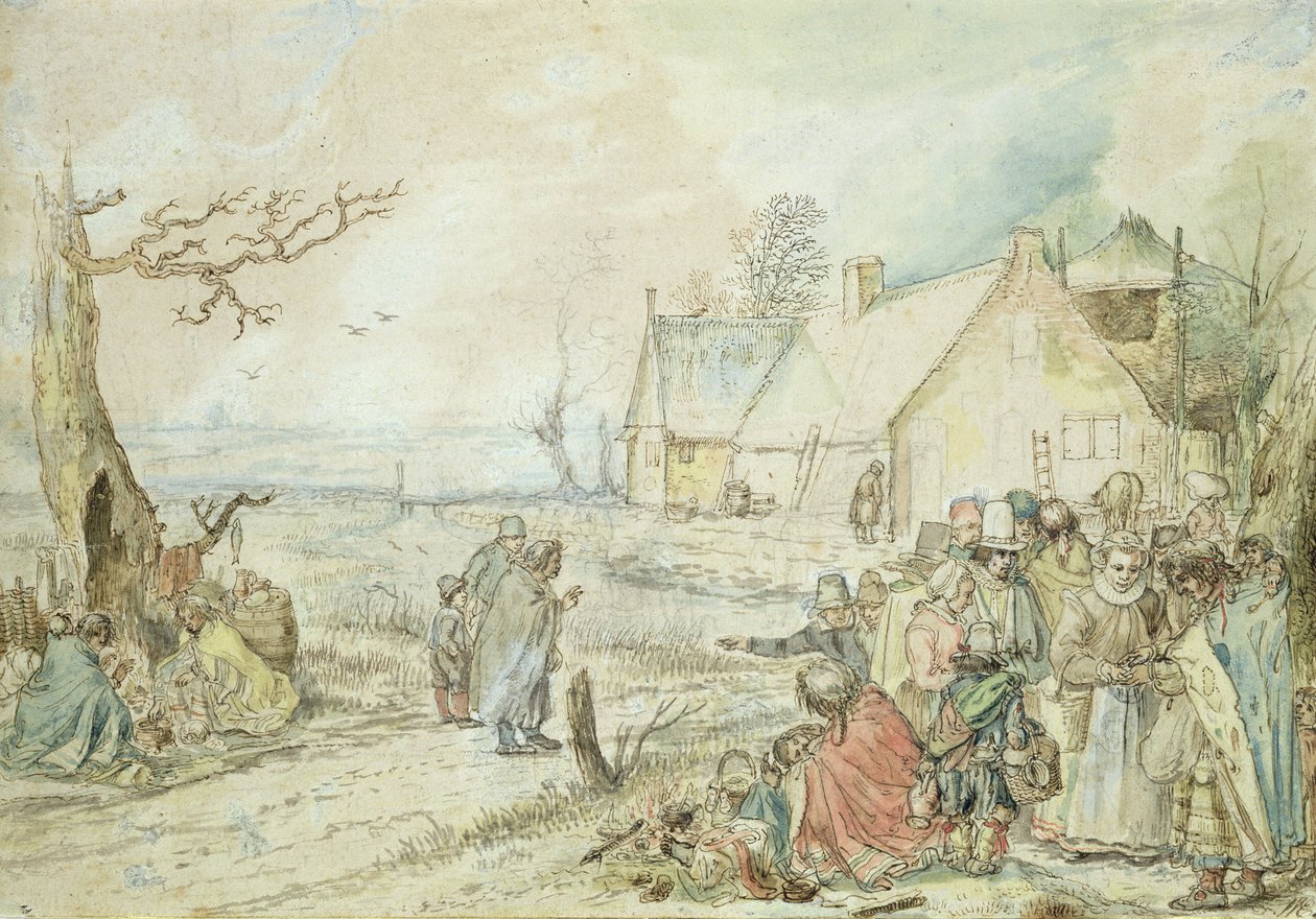 Táj cigány jósnőkkel (toll és wc papíron) alkotó: Hendrick Avercamp