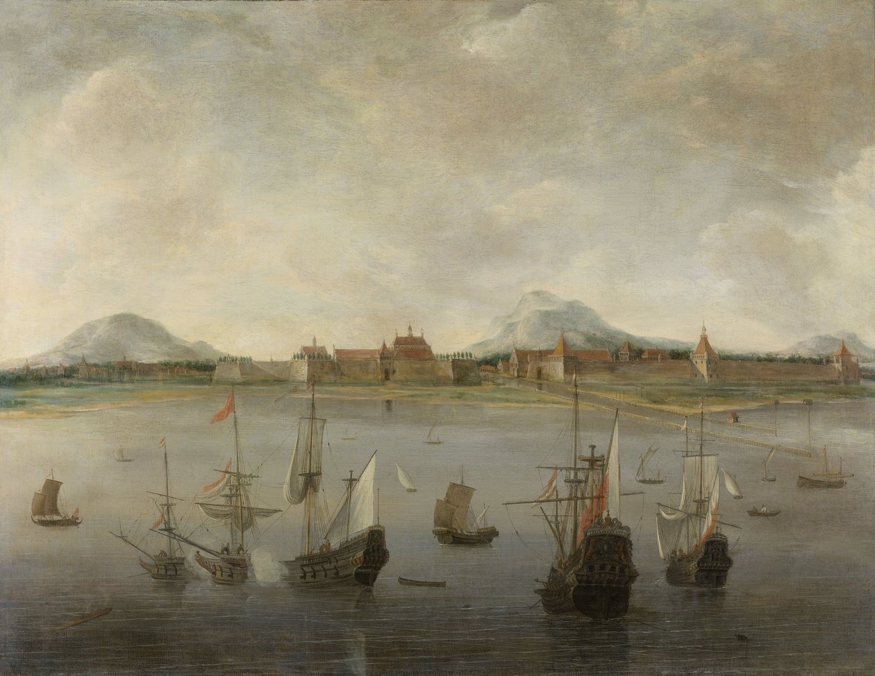 Batavia kilátása a Salak, Pangerango és Gede hegyvonulataival. 1640-76 alkotó: Hendrick Dubbels