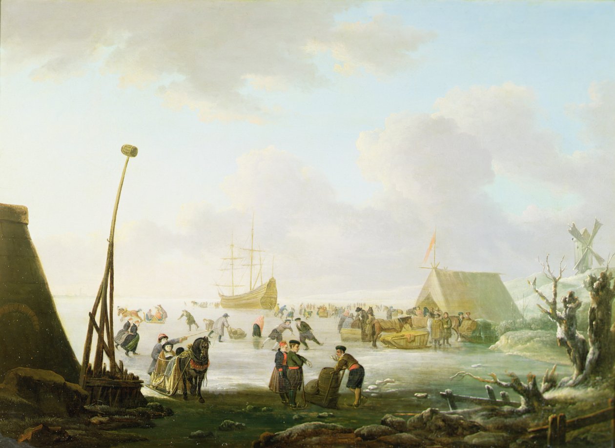 Hatalmas táj szánokkal és korcsolyázókkal, jégbe zárt hajóval (olaj a panelen) alkotó: Hendrick (manner of) Avercamp