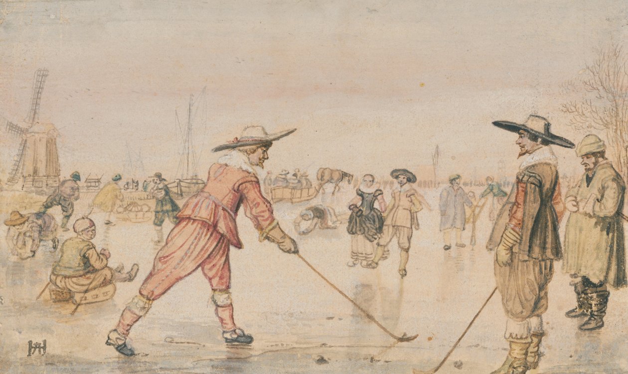 Egy téli jelenet két úriemberrel, akik Colfot játszanak alkotó: Hendrick Avercamp