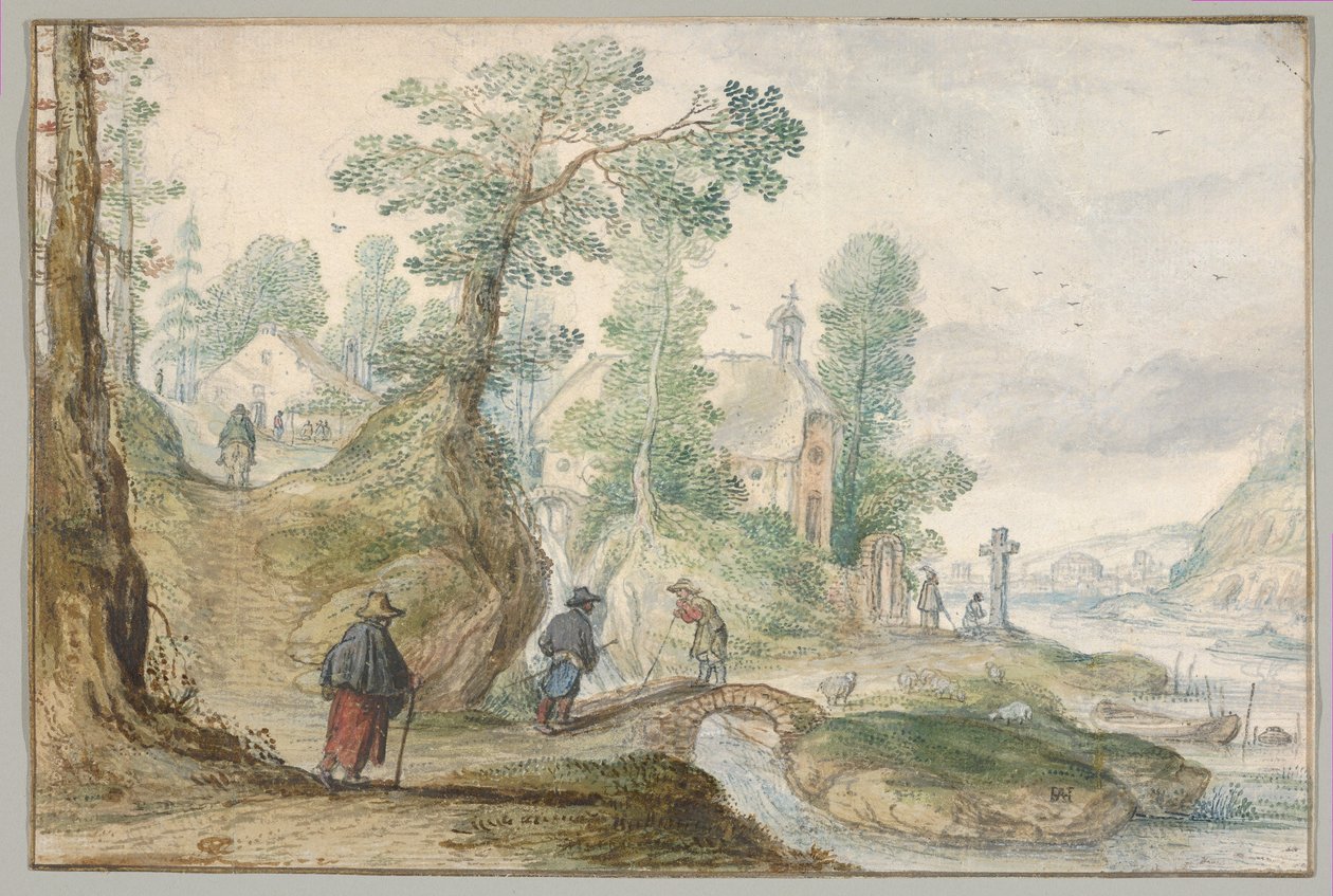 Egy erdős folyóparti táj templommal és alakokkal alkotó: Hendrick Avercamp