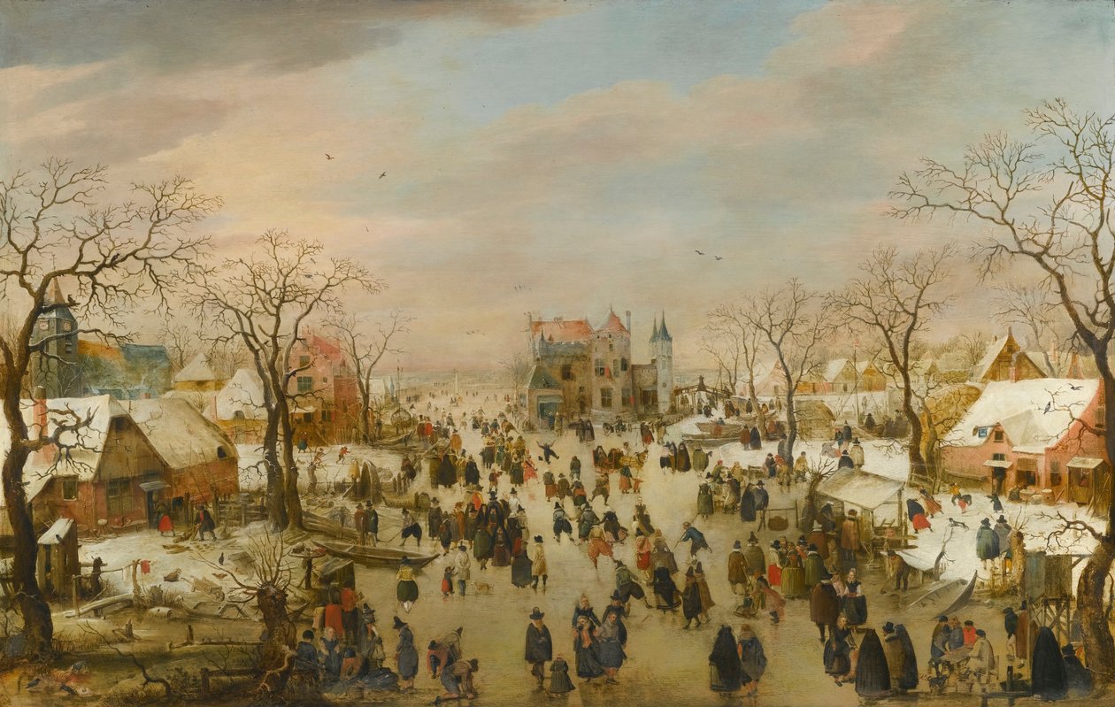 Téli panorámás táj, számtalan alakkal egy befagyott folyón alkotó: Hendrick Avercamp