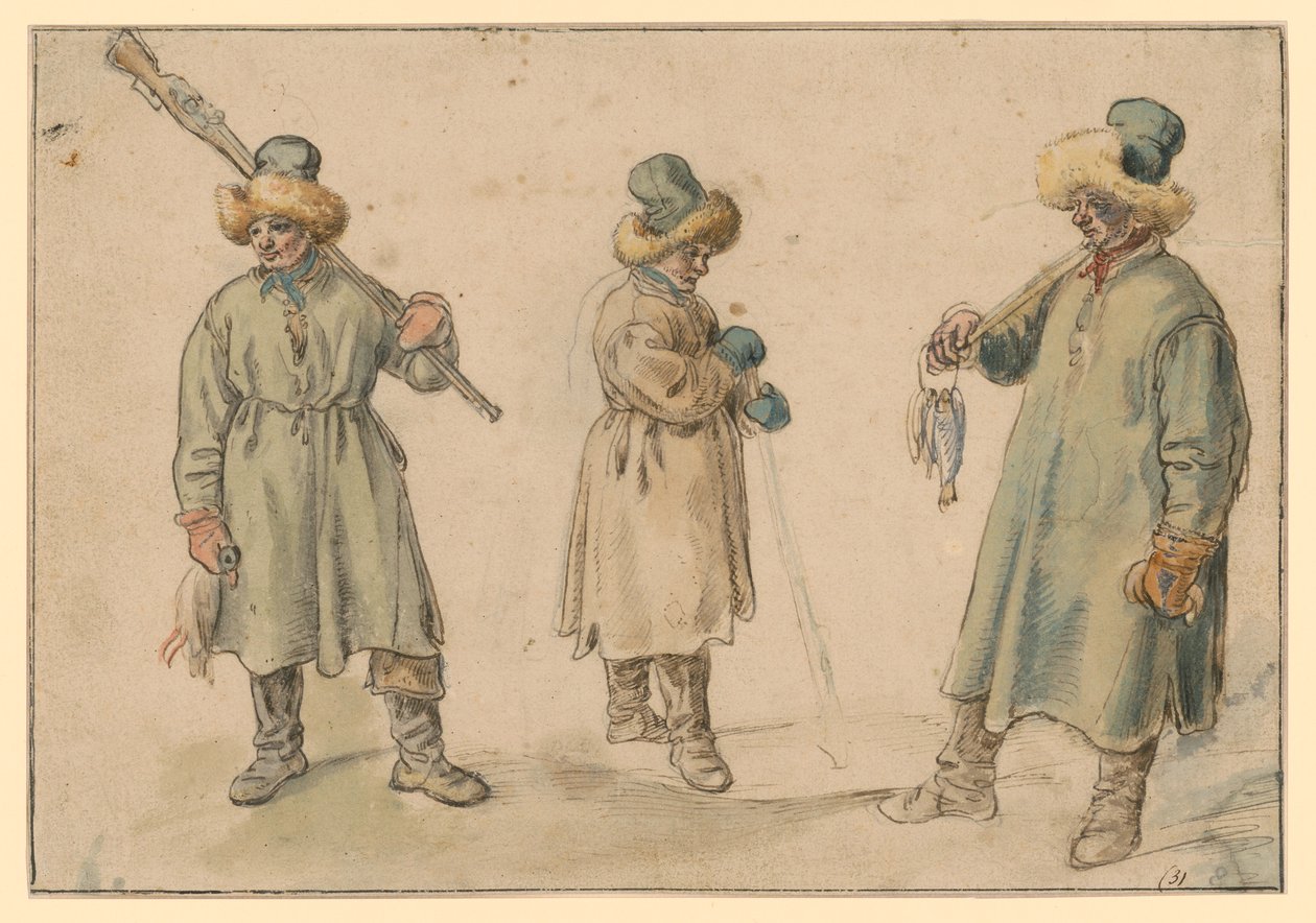 Három tanulmány egy téli ruhát viselő parasztról alkotó: Hendrick Avercamp