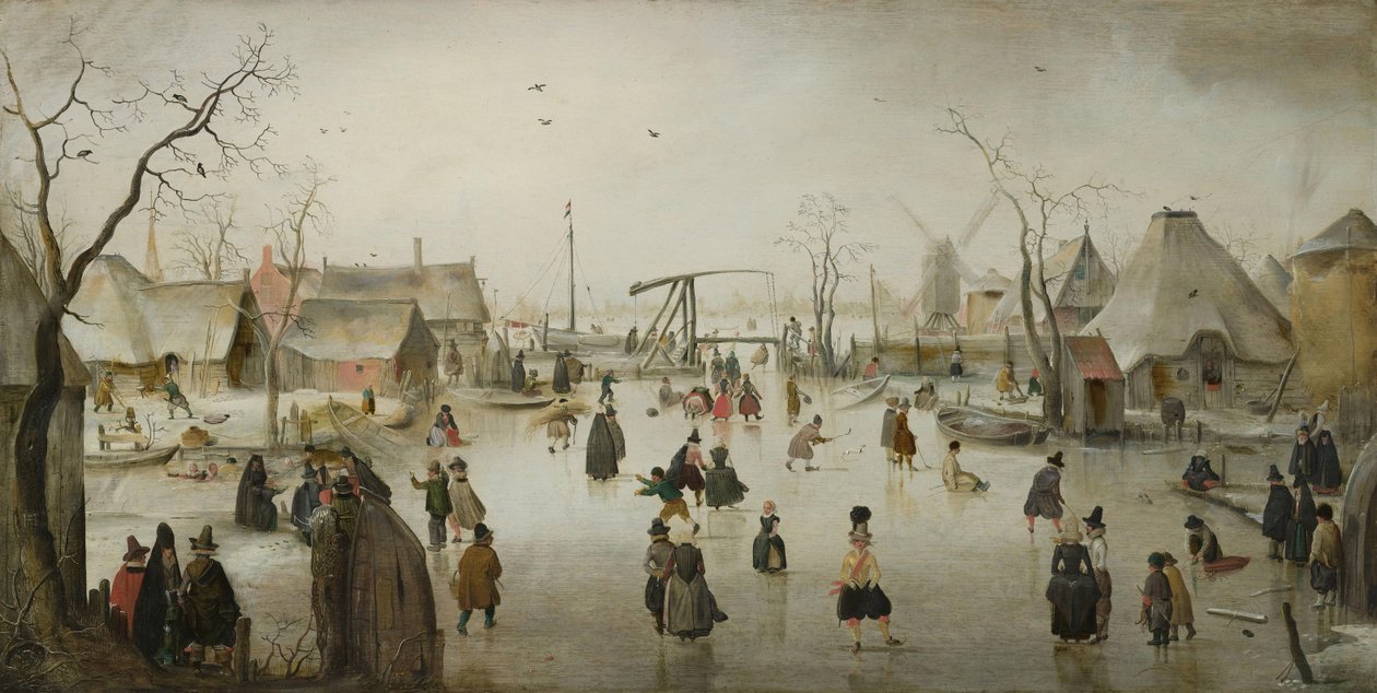 Holland: Jégszórakoztatás egy falusi jégszínpadon alkotó: Hendrick Avercamp