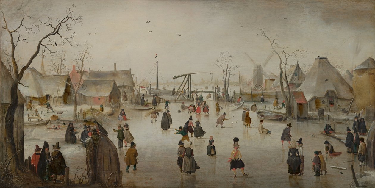 Holland: Jégszórakoztatás egy falusi jégszínpadon alkotó: Hendrick Avercamp