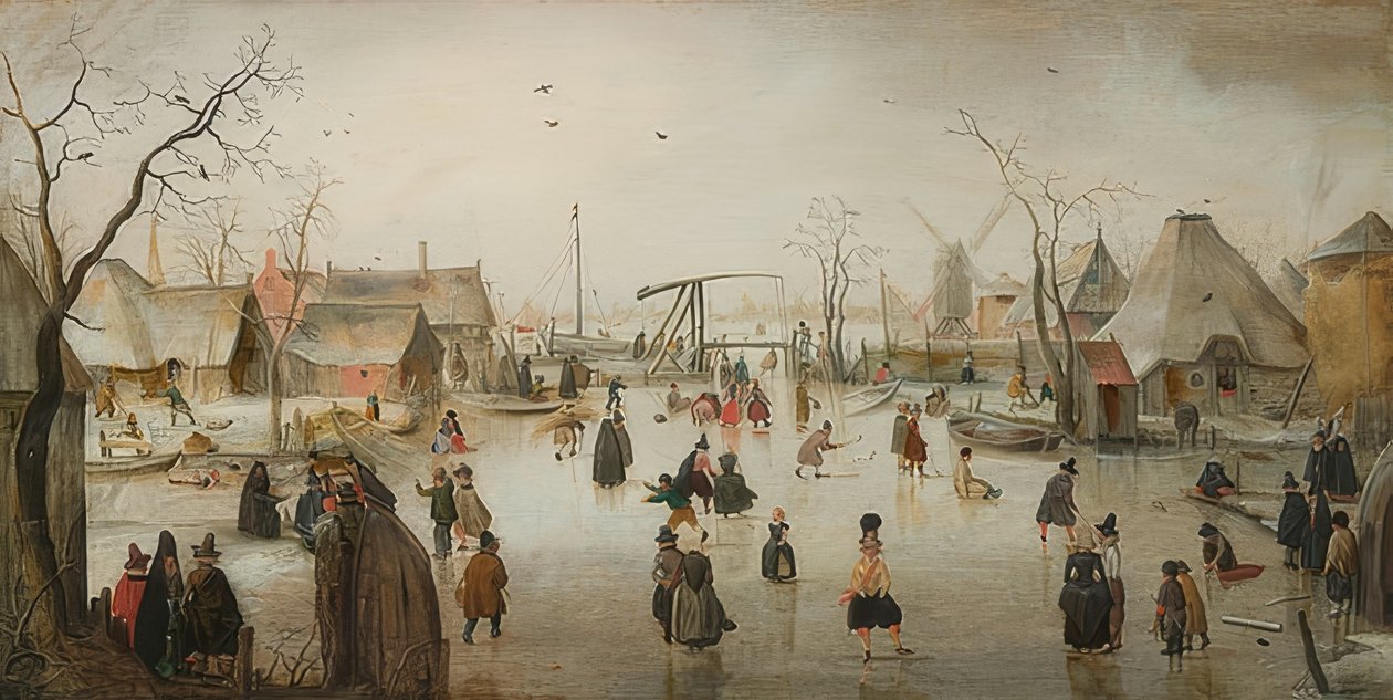 Korcsolyázás a városban. 1610 körül alkotó: Hendrick Avercamp