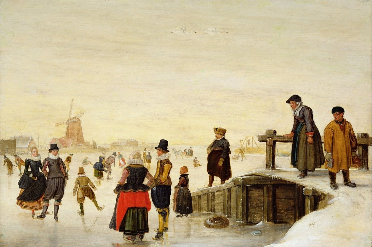Figurák korcsolyáznak egy holland tájban alkotó: Hendrick Avercamp