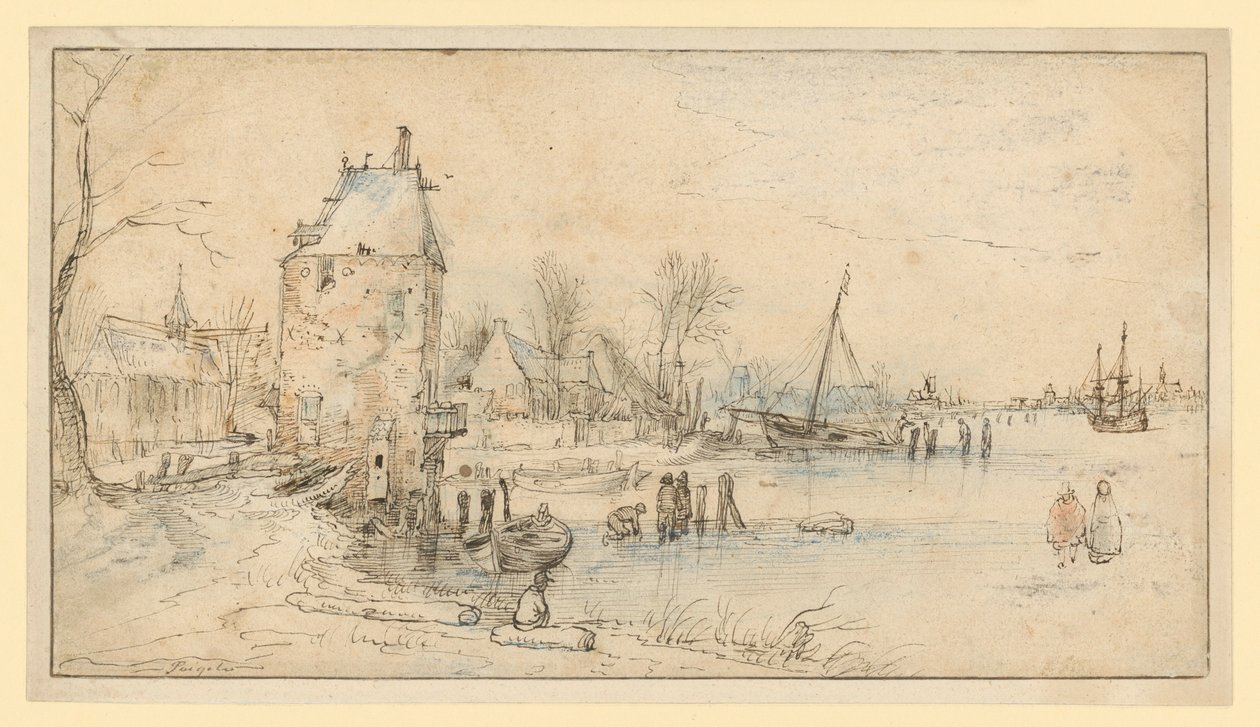 Egy település őrtoronnyal és templommal a tóparton alkotó: Hendrick Avercamp