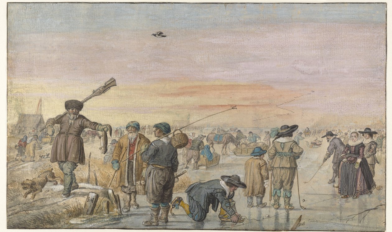 Téli jelenet a jégen, egy vadász vidrat mutatva alkotó: Hendrick Avercamp