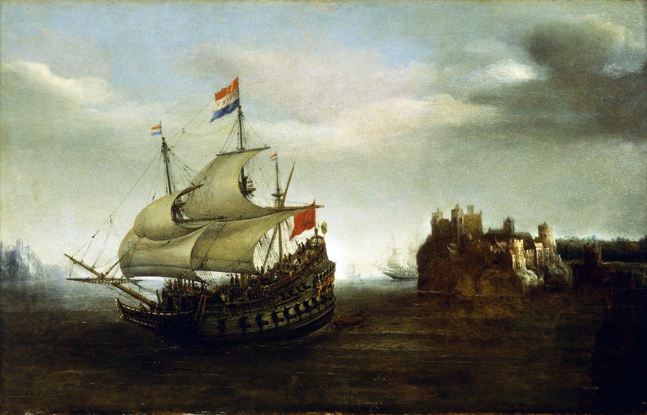 Egy holland hajó egy kastély közelében, egy sziklás part közelében. Olaj, fa alkotó: Hendrick Cornelisz Vroom