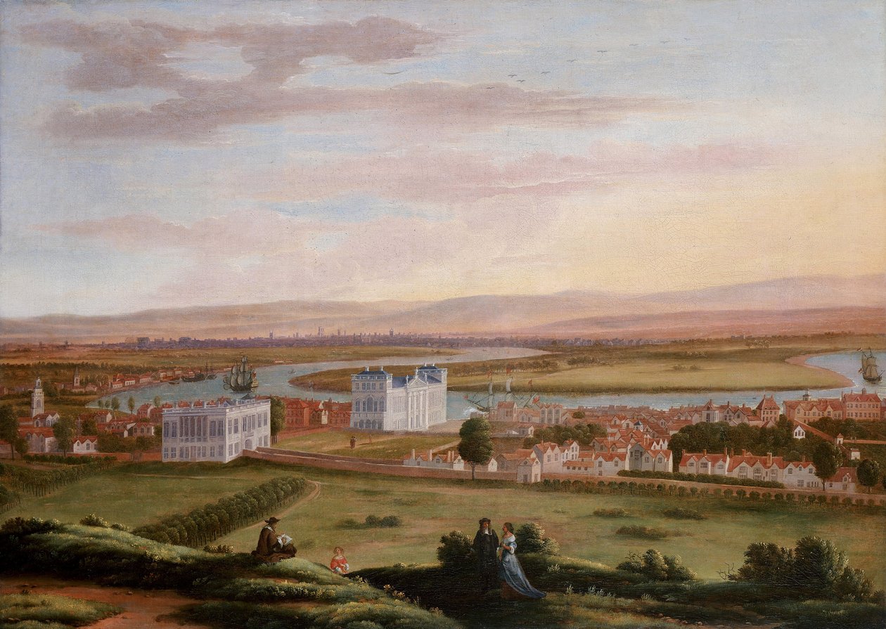 Greenwich és a Királynő háza délkeleti irányból, 1670 körül, az Old Woolwich Road balra a Királynő háza alatt halad el, jobbra pedig a Király új háza látható (jelenleg a Károly király bírósági épület (a Királyi Haditengerészet egykori épülete)) alkotó: Hendrick Danckerts