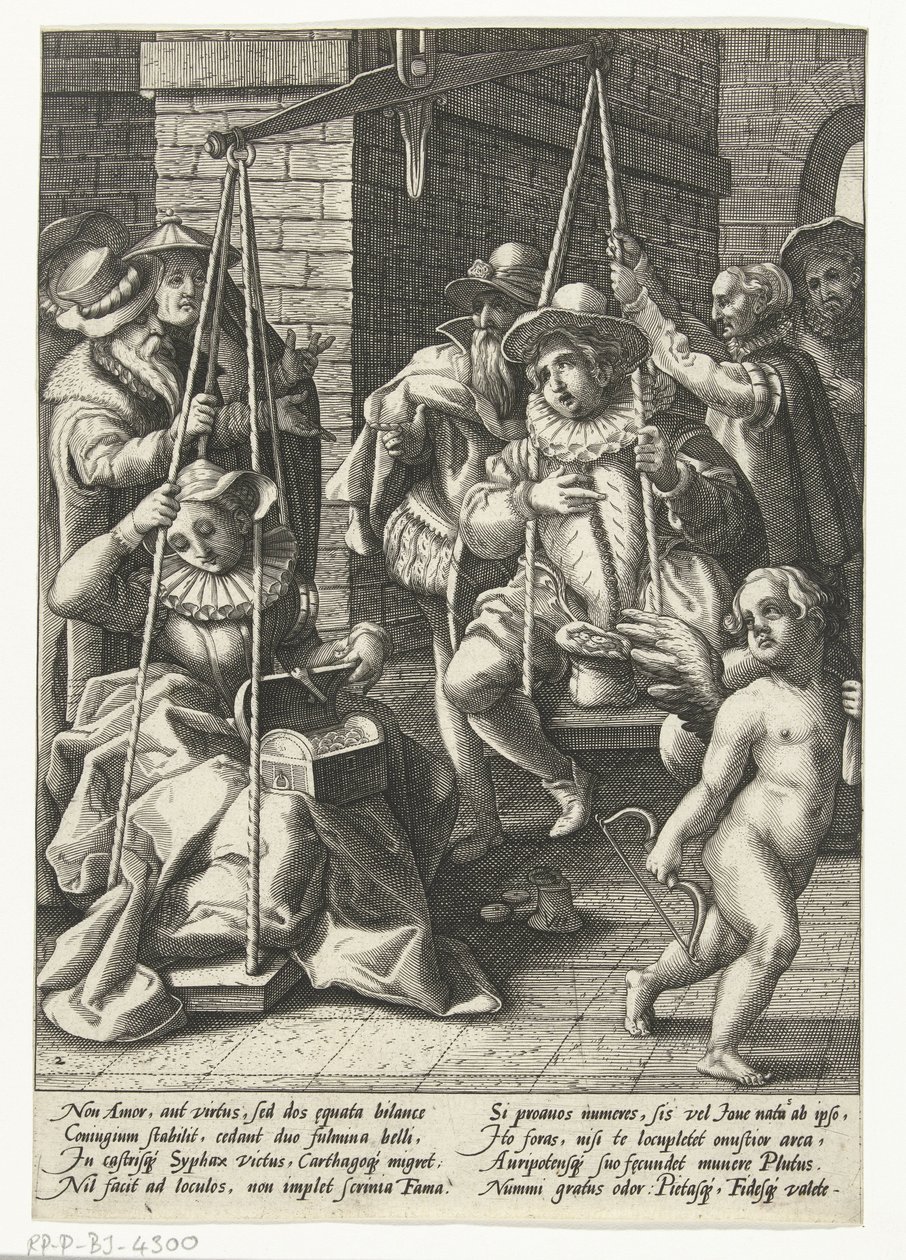 A házassági mérlegek A pénz a helyes szerelem Az esküvői mérleg Példabeszédek Karel van Mander után (sorozat címe) alkotó: Hendrick Goltzius (attributed to workshop of)