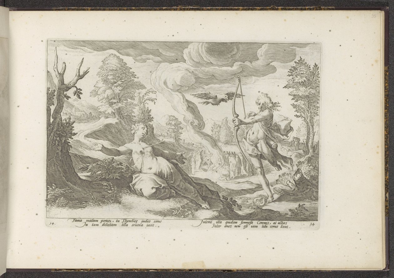 Apollo doodt Coronis Ovidius Metamorfosen (sorozat címe) Herscheppingen van P. Ovidius Naso (sorozat címe) alkotó: Hendrick Goltzius (workshop of)