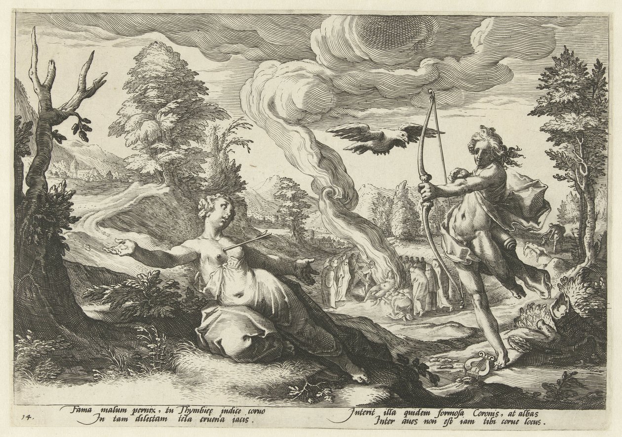 Apollo doodt Coronis Ovidius Metamorfosen (sorozat címe) alkotó: Hendrick Goltzius (workshop of)