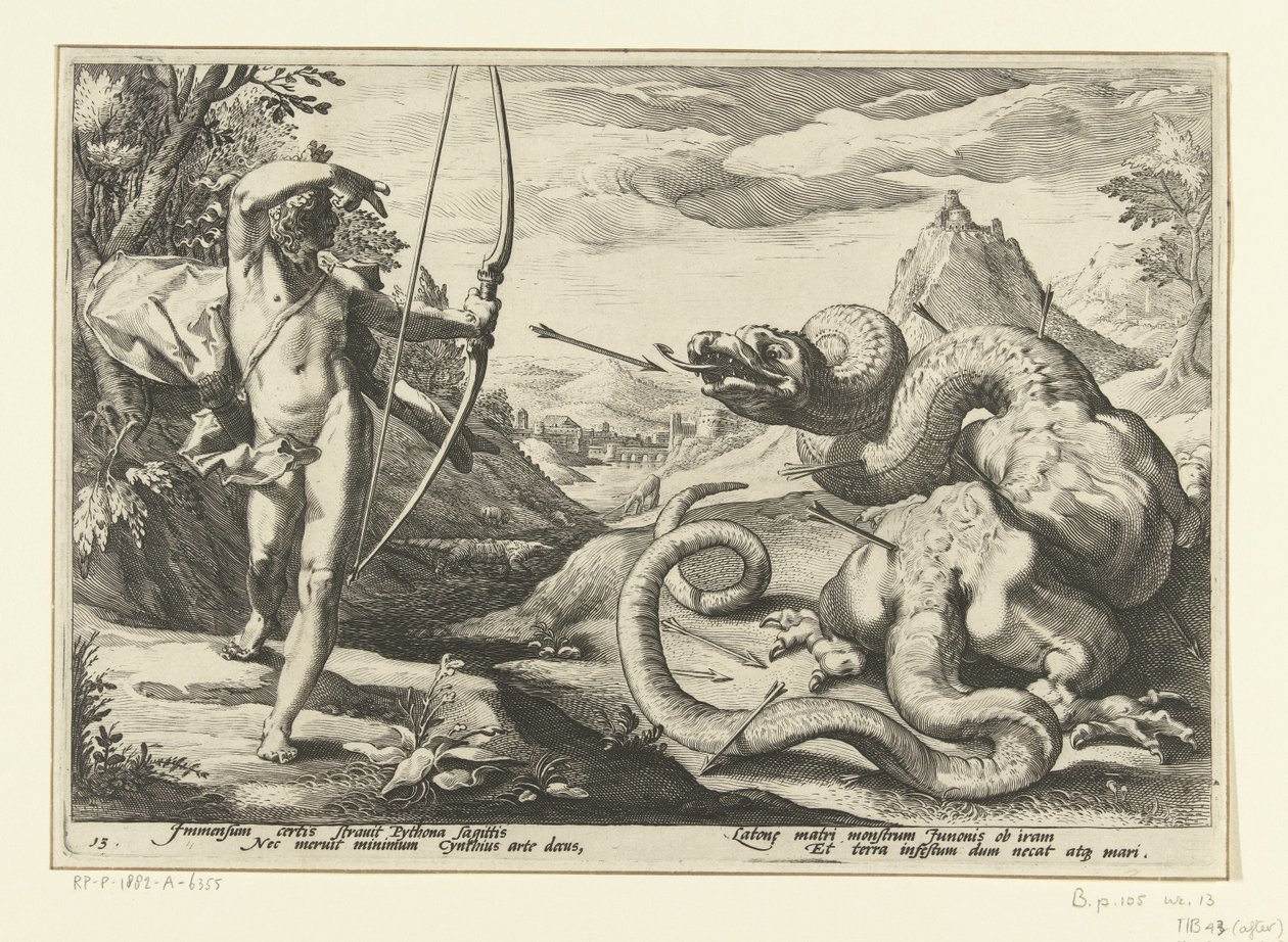 Apollo megöli a Python óriáskígyót Ovidius metamorfózisai (sorozat címe) alkotó: Hendrick Goltzius (workshop of)