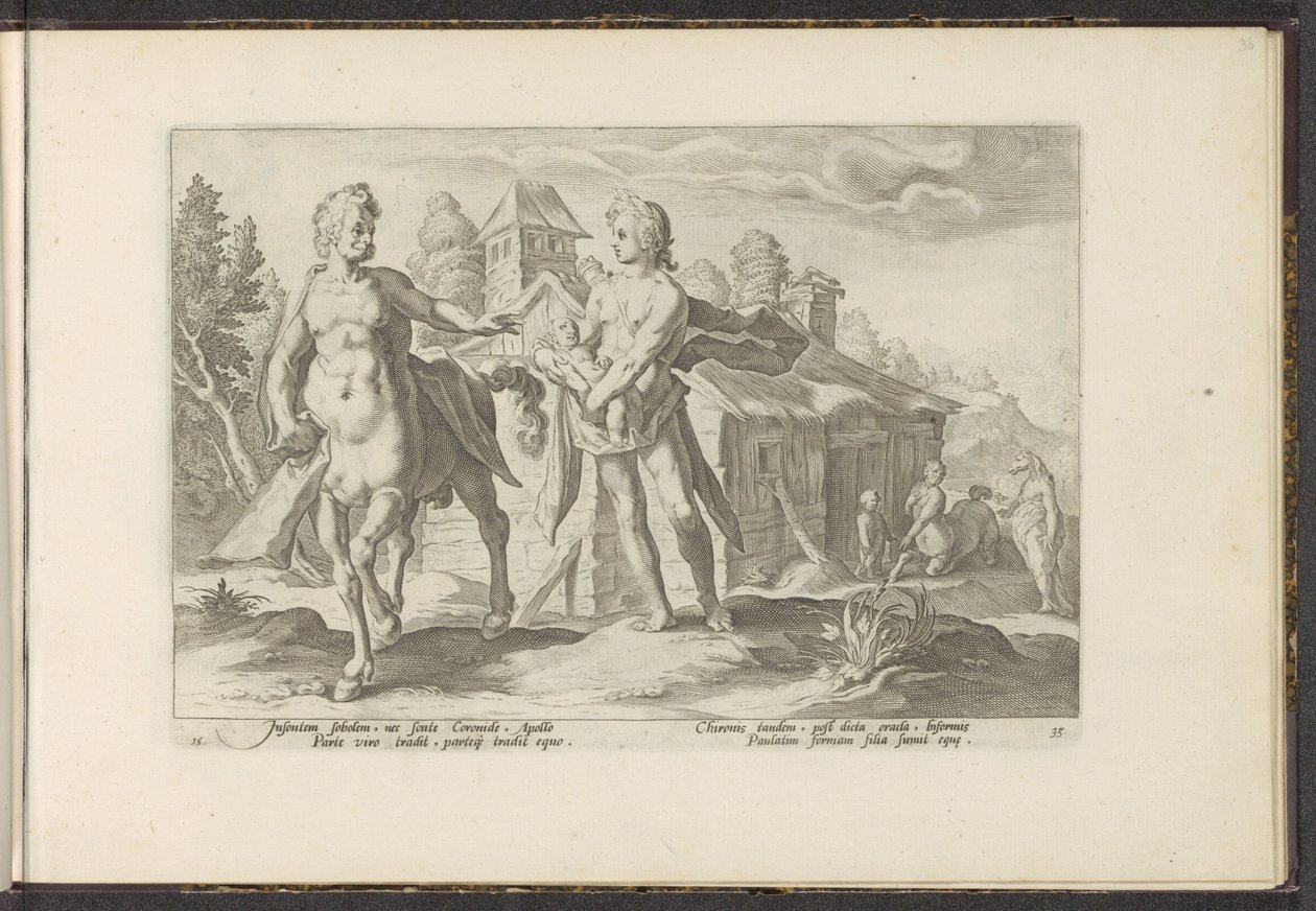 Apollón Aszklépioszt Chironra bízza Ovidius metamorfózisai (sorozat címe) P. Ovidius Naso rekreációi (sorozat címe) alkotó: Hendrick Goltzius (workshop of)