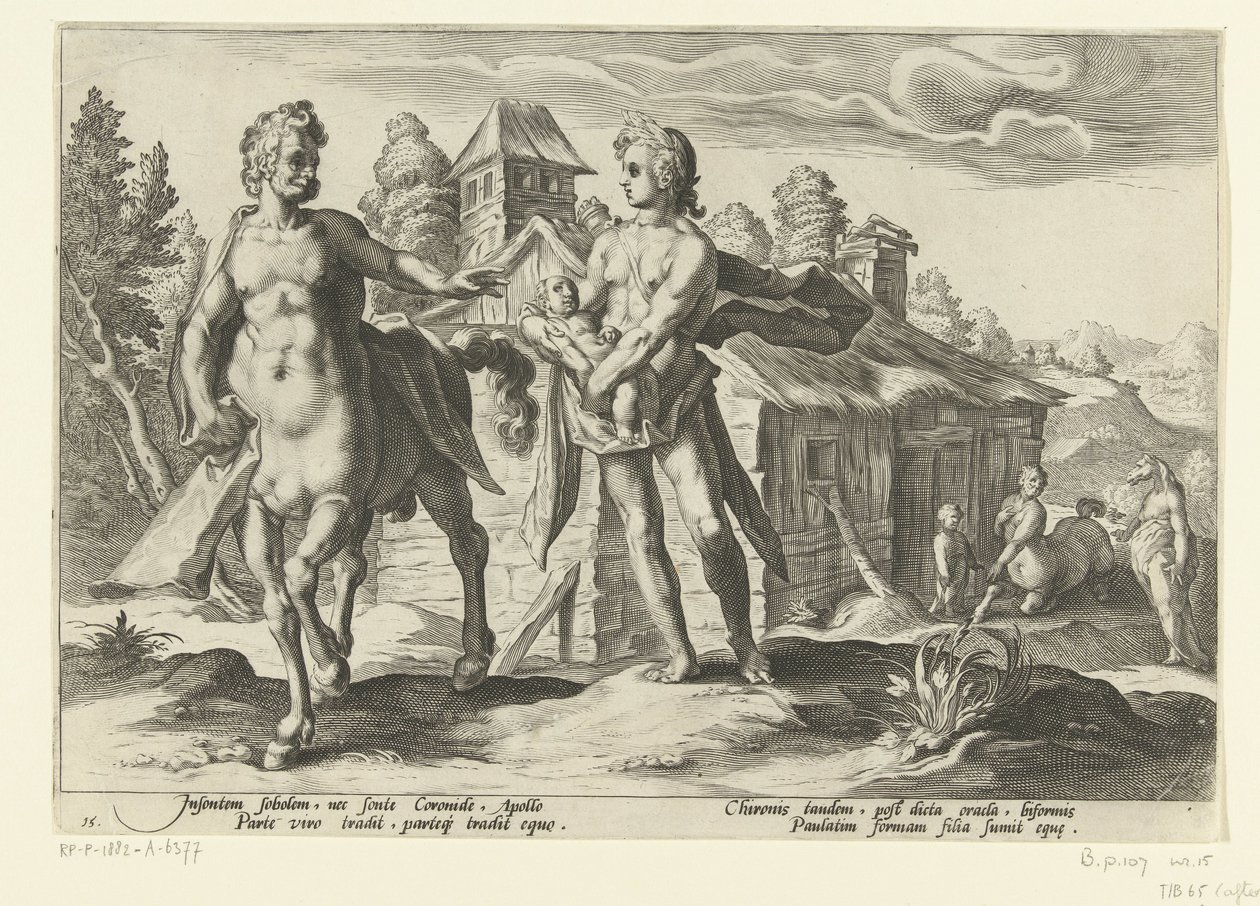 Apollón Aszklépioszt Chironra bízza Ovidius metamorfózisai (sorozat címe) alkotó: Hendrick Goltzius (workshop of)