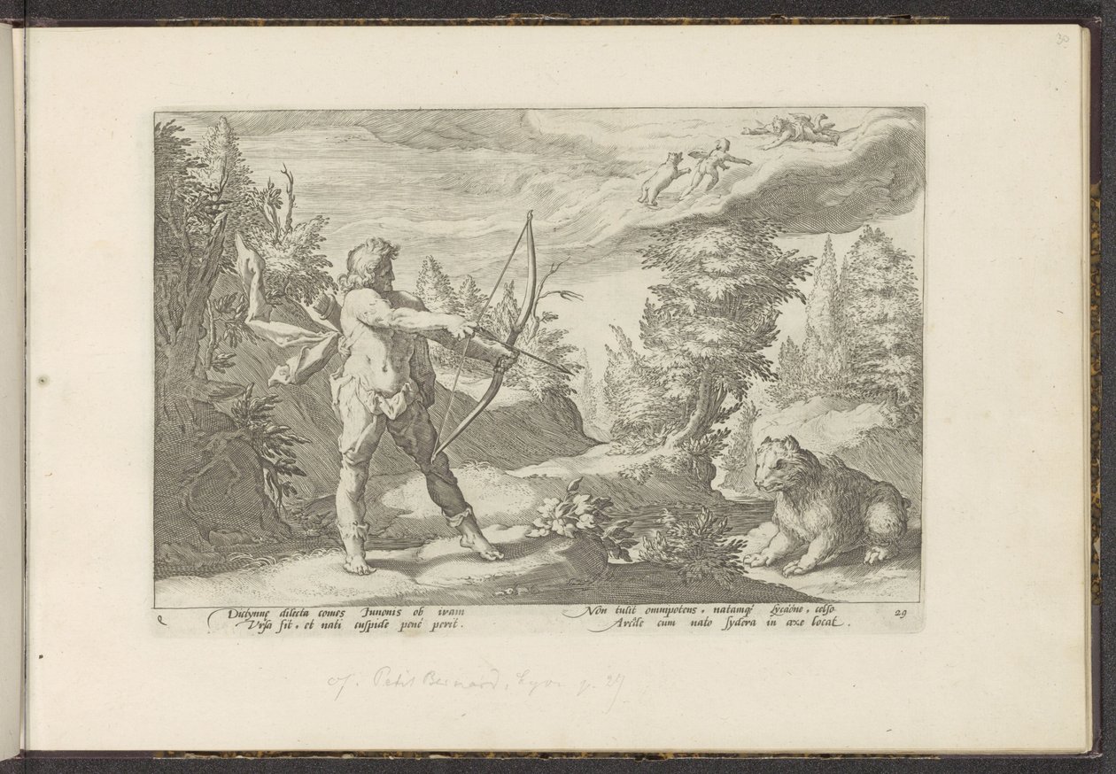 Arcas Callistóra célozza a nyilát Ovidius metamorfózisai (sorozat címe) P. Ovidius Naso rekreációi (sorozat címe) alkotó: Hendrick Goltzius (workshop of)