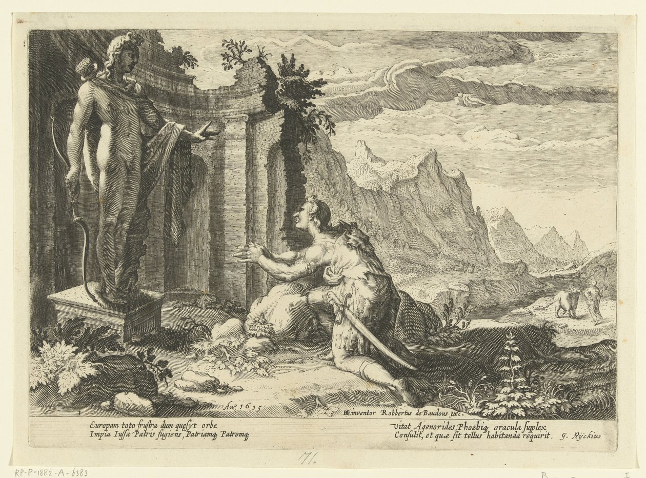 Cadmus megkérdezi Delphi jósát, mit tegyen most, hogy nem találta nővérét, Európát Ovidius metamorfózisai (sorozat címe) alkotó: Hendrick Goltzius (workshop of)