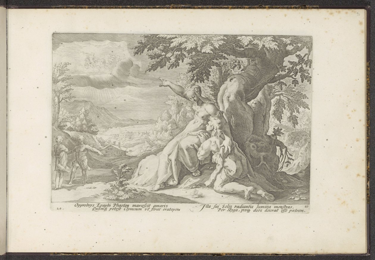 Clymene kinevezi Phaethont az apjának, a napistennek Ovidius metamorfózisai (sorozat címe) P. Ovidius Naso újraalkotásai (sorozat címe) alkotó: Hendrick Goltzius (workshop of)
