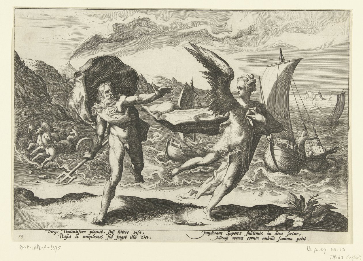 A karnis een kraaivá változik Neptunusz és Coronis Ovidius Metamorfosen (sorozat címe) alkotó: Hendrick Goltzius (workshop of)