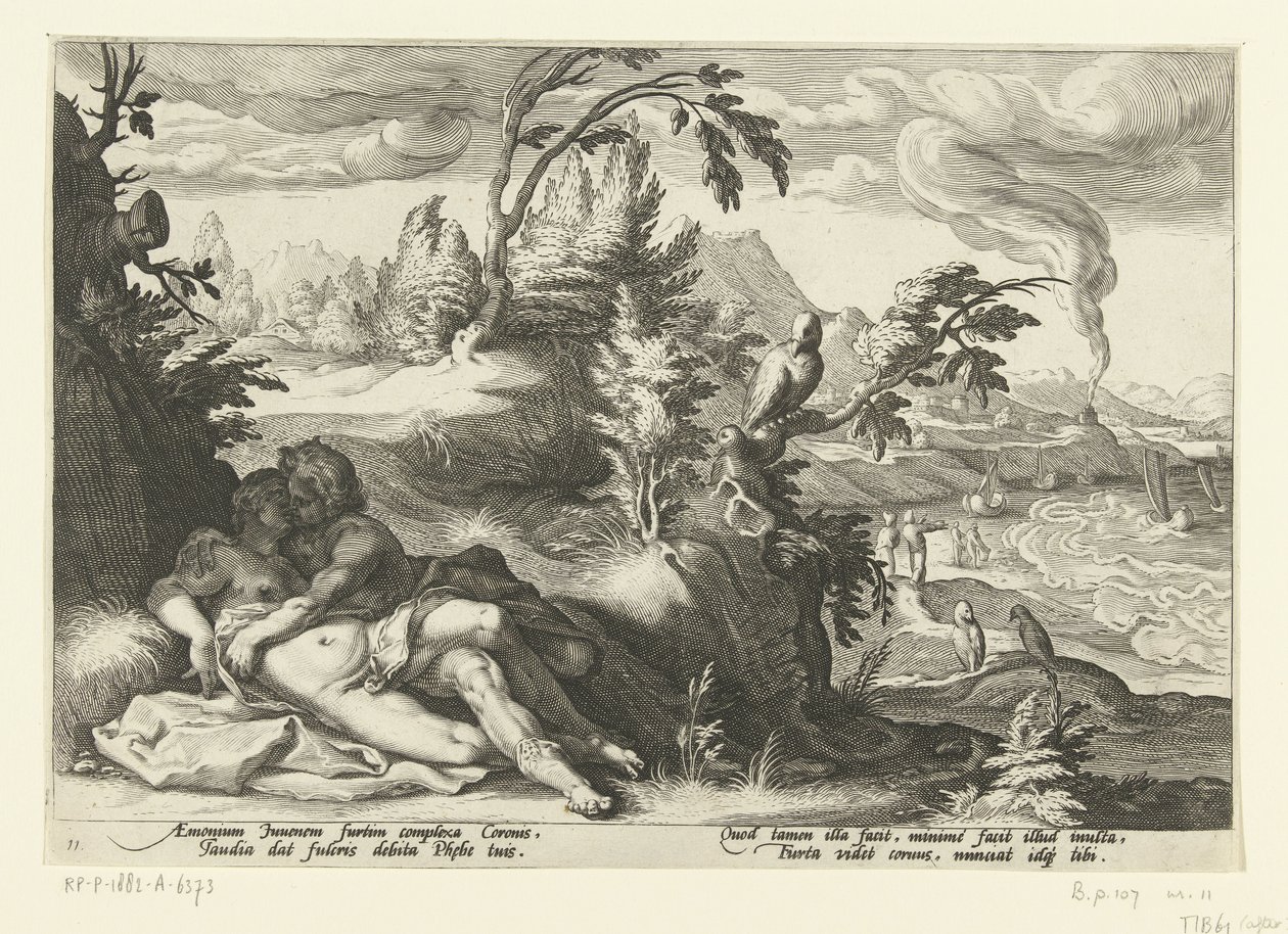Corvus elkapja a lányt, Coronist Ovidius metamorfózisai (sorozat címe) alkotó: Hendrick Goltzius (workshop of)