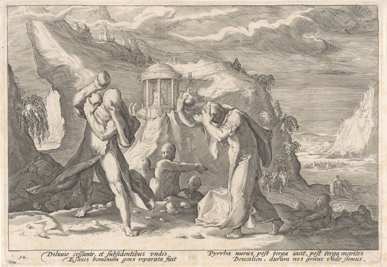 Deucalion és Pyrrha új emberi fajt hoznak létre Ovidius metamorfózisai (sorozat címe) alkotó: Hendrick Goltzius (workshop of)