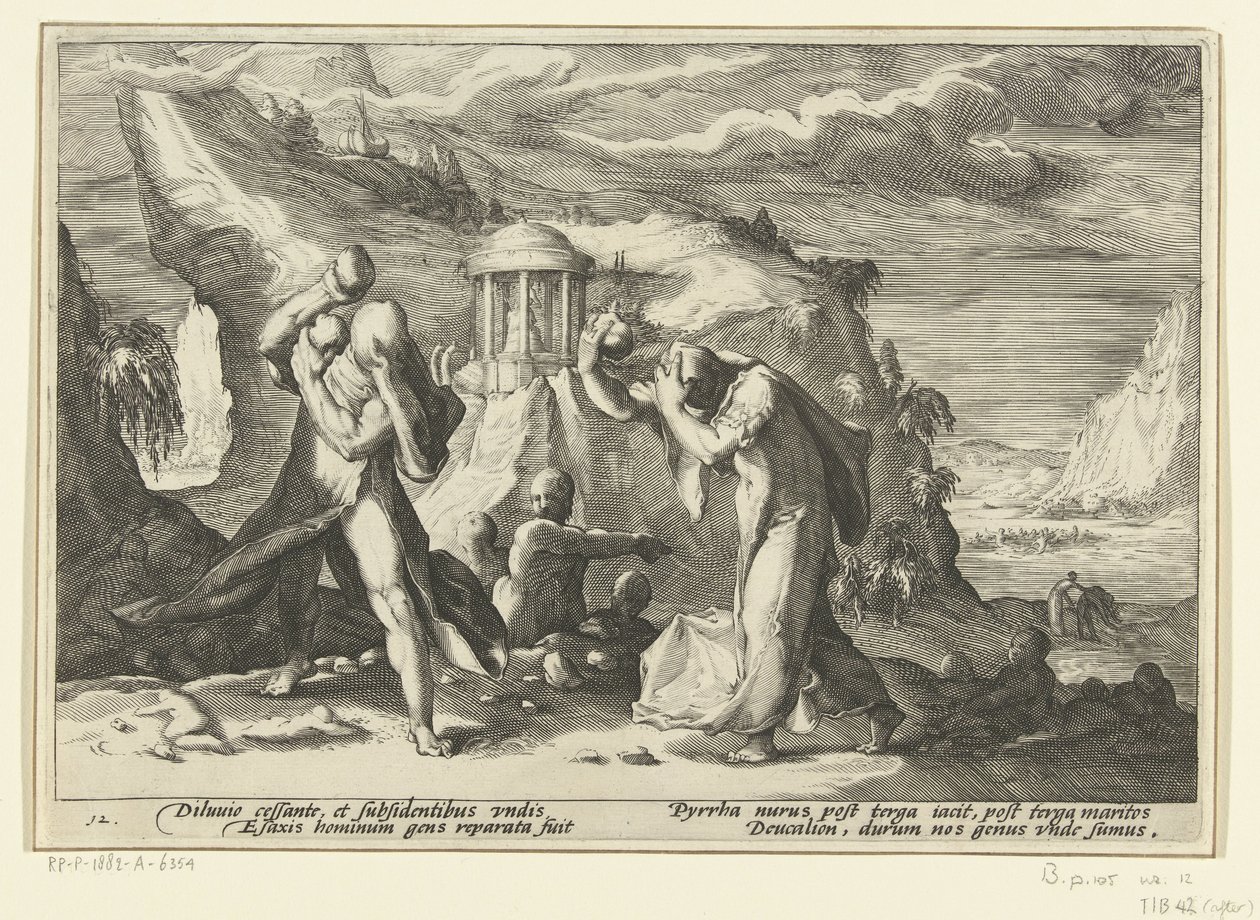 Deucalion és Pyrrha új emberi fajt hoznak létre Ovidius metamorfózisai (sorozat címe) alkotó: Hendrick Goltzius (workshop of)