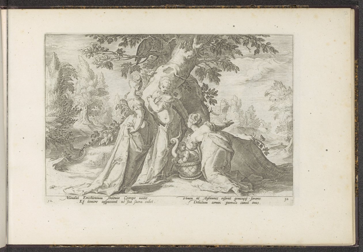 Cecrops lányai kinyitják Minerva kosarát Ovidius metamorfózisai (sorozat címe) P. Ovidius Naso újraalkotásai (sorozat címe) alkotó: Hendrick Goltzius (workshop of)
