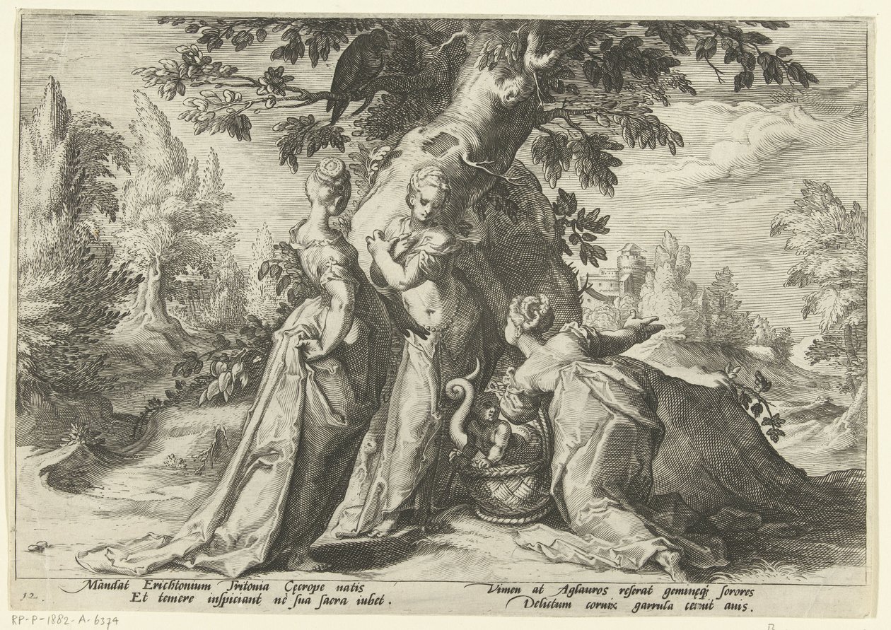 Cecrops lányai kinyitják Minerva kosarát Ovidius metamorfózisai (sorozat címe) alkotó: Hendrick Goltzius (workshop of)