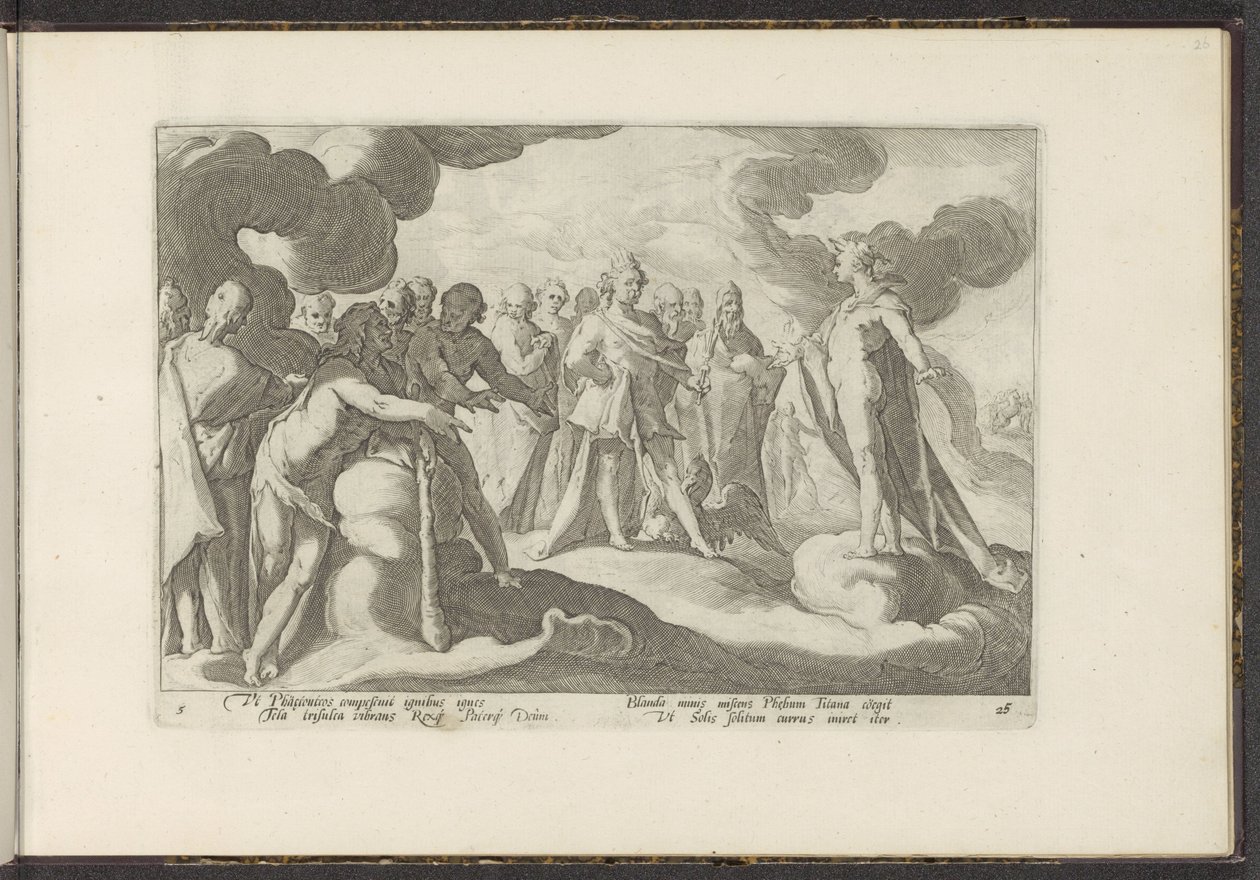 Az istenek arra kérik a napistent, hogy lovagoljon újra a szekerén Ovidius metamorfózisai (sorozat címe) P. Ovidius Naso újraalkotásai (sorozat címe) alkotó: Hendrick Goltzius (workshop of)