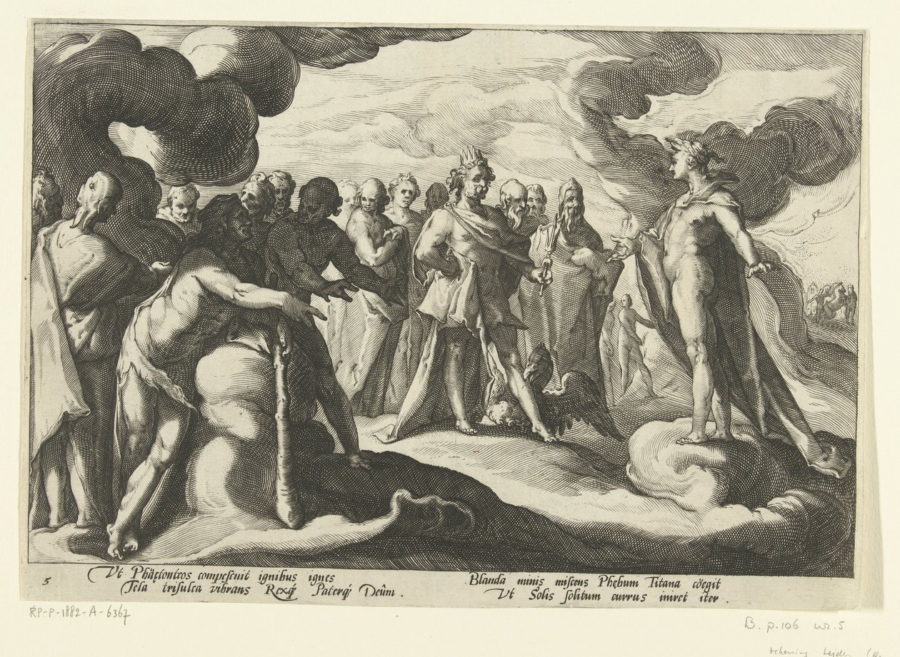 Az istenek arra kérik a napistent, hogy lovagoljon újra a szekerén Ovidius metamorfózisai (sorozat címe) alkotó: Hendrick Goltzius (workshop of)