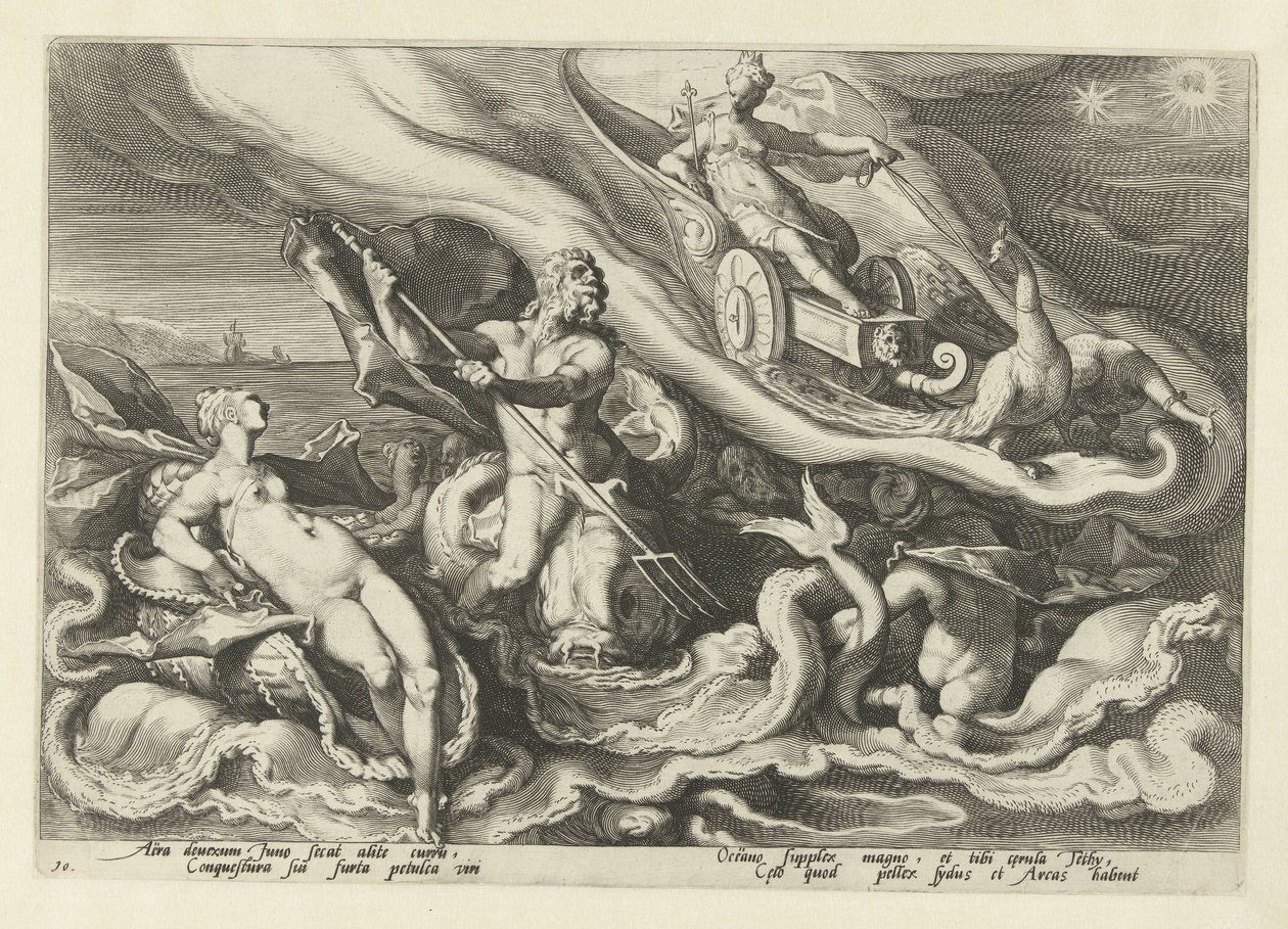 Juno panaszkodik Thetisnek és Oceanusnak Ovidius metamorfózisai (sorozat címe) alkotó: Hendrick Goltzius (workshop of)