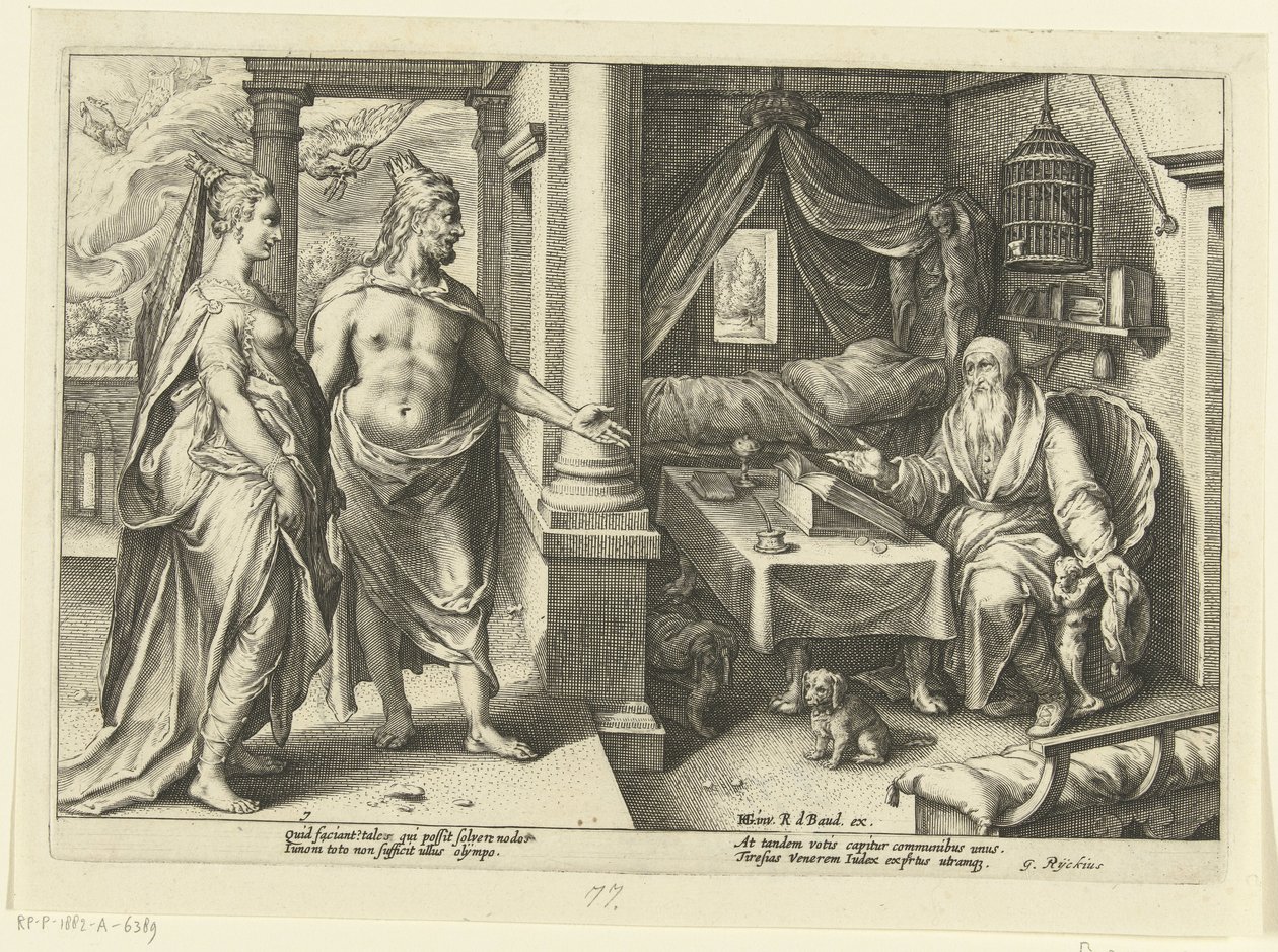 Juno és Jupiter Tiresiasszal konzultál Ovidius metamorfózisai (sorozat címe) alkotó: Hendrick Goltzius (workshop of)