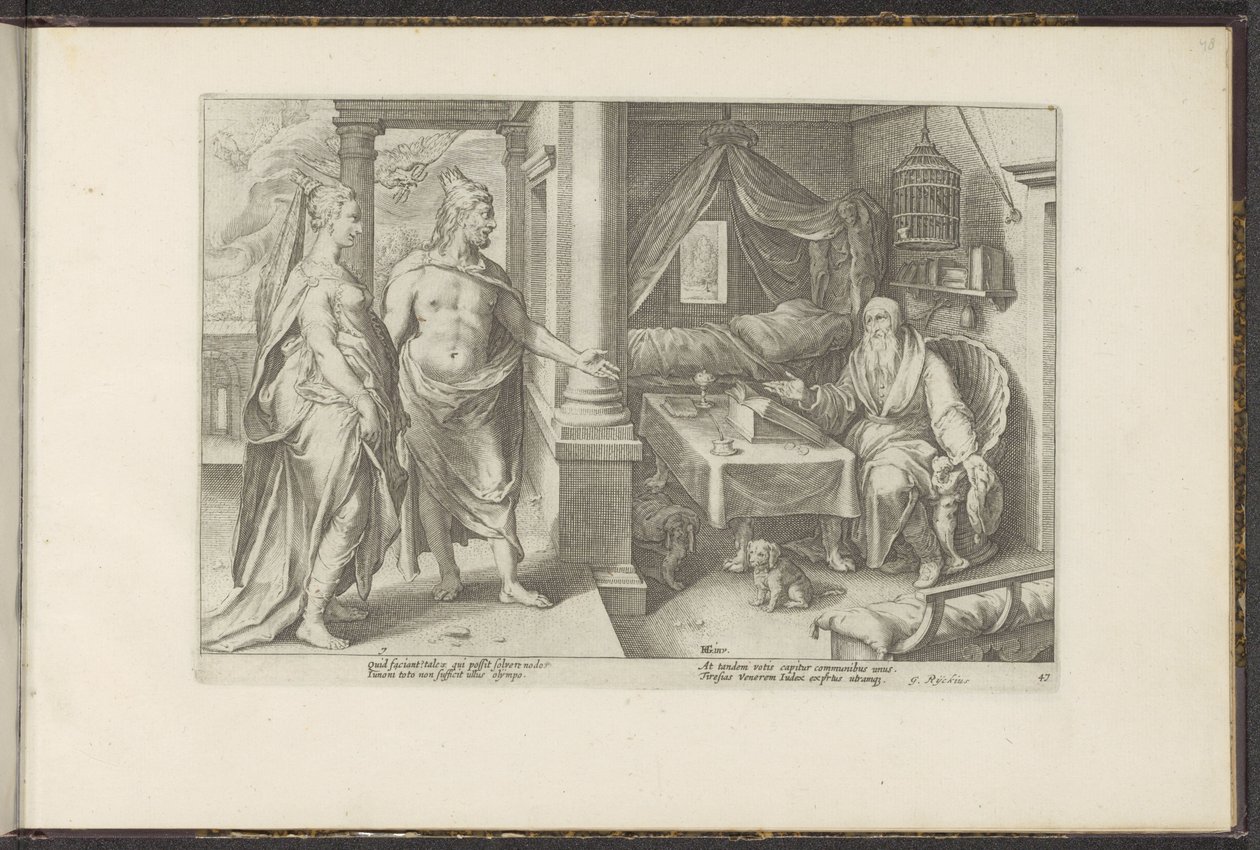 Juno és Jupiter tanácsot kér Tiresiastól Ovidius metamorfózisai (sorozat címe) P. Ovidius Naso újraalkotásai (sorozat címe) alkotó: Hendrick Goltzius (workshop of)