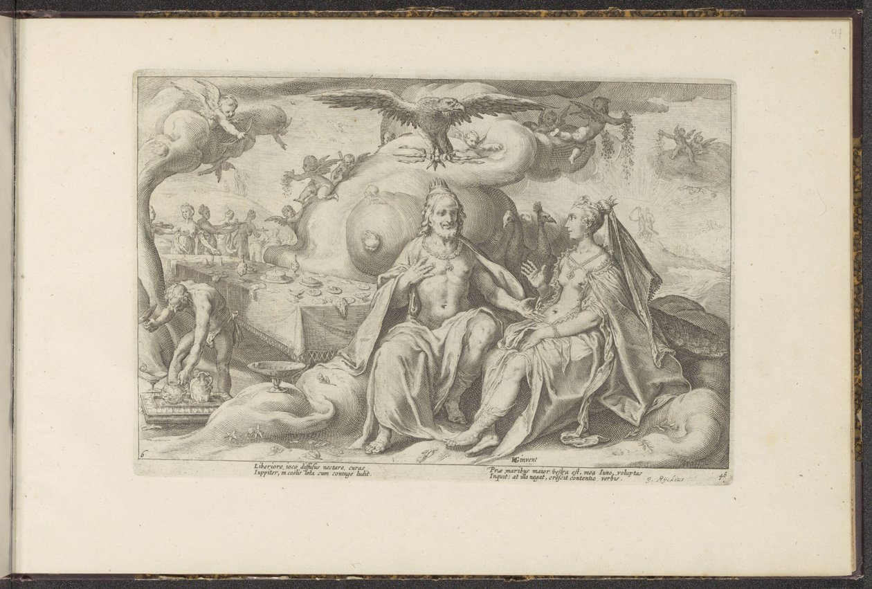 Jupiter és Juno megvitatják, hogy a nemek közül melyikben van nagyobb szerelemvágy Ovidius metamorfózisai (sorozat címe) P. Ovidius Naso újraalkotásai (sorozat címe) alkotó: Hendrick Goltzius (workshop of)