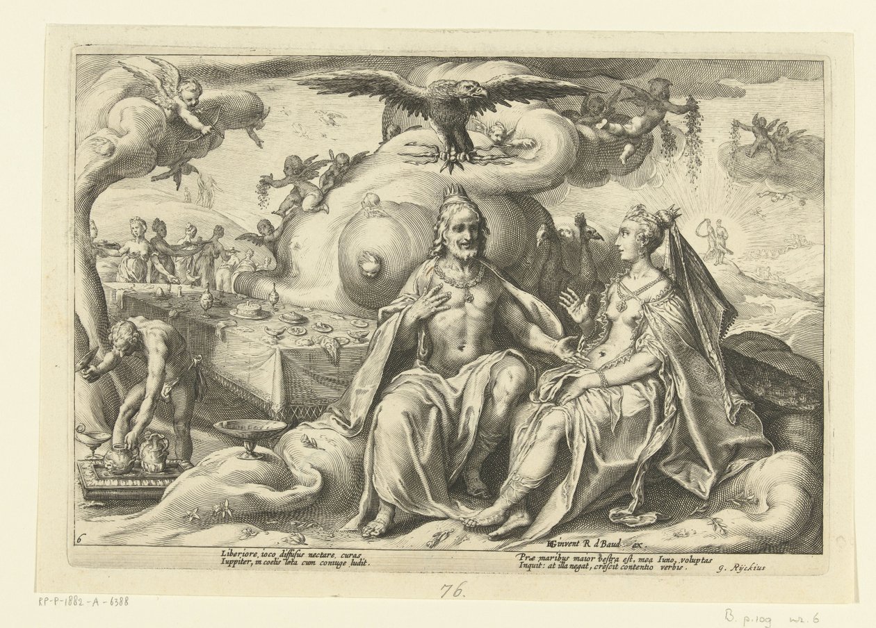 Jupiter és Juno megvitatják, hogy a nemek közül melyikben van nagyobb szerelemvágy Ovidius metamorfózisai (sorozat címe) alkotó: Hendrick Goltzius (workshop of)