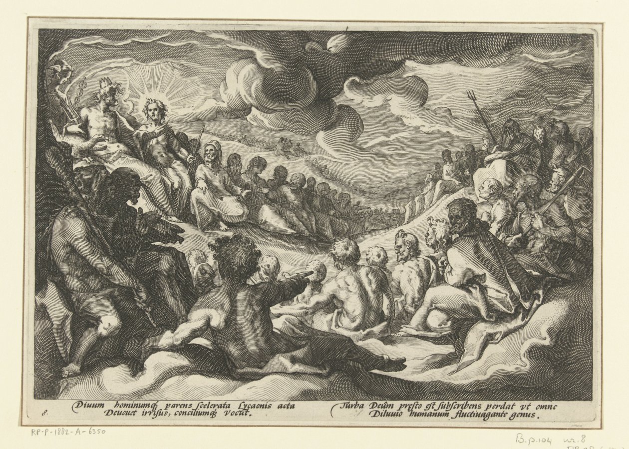 Jupiter megidézi az olümposzi isteneket Ovidius metamorfózisai (sorozat címe) alkotó: Hendrick Goltzius (workshop of)