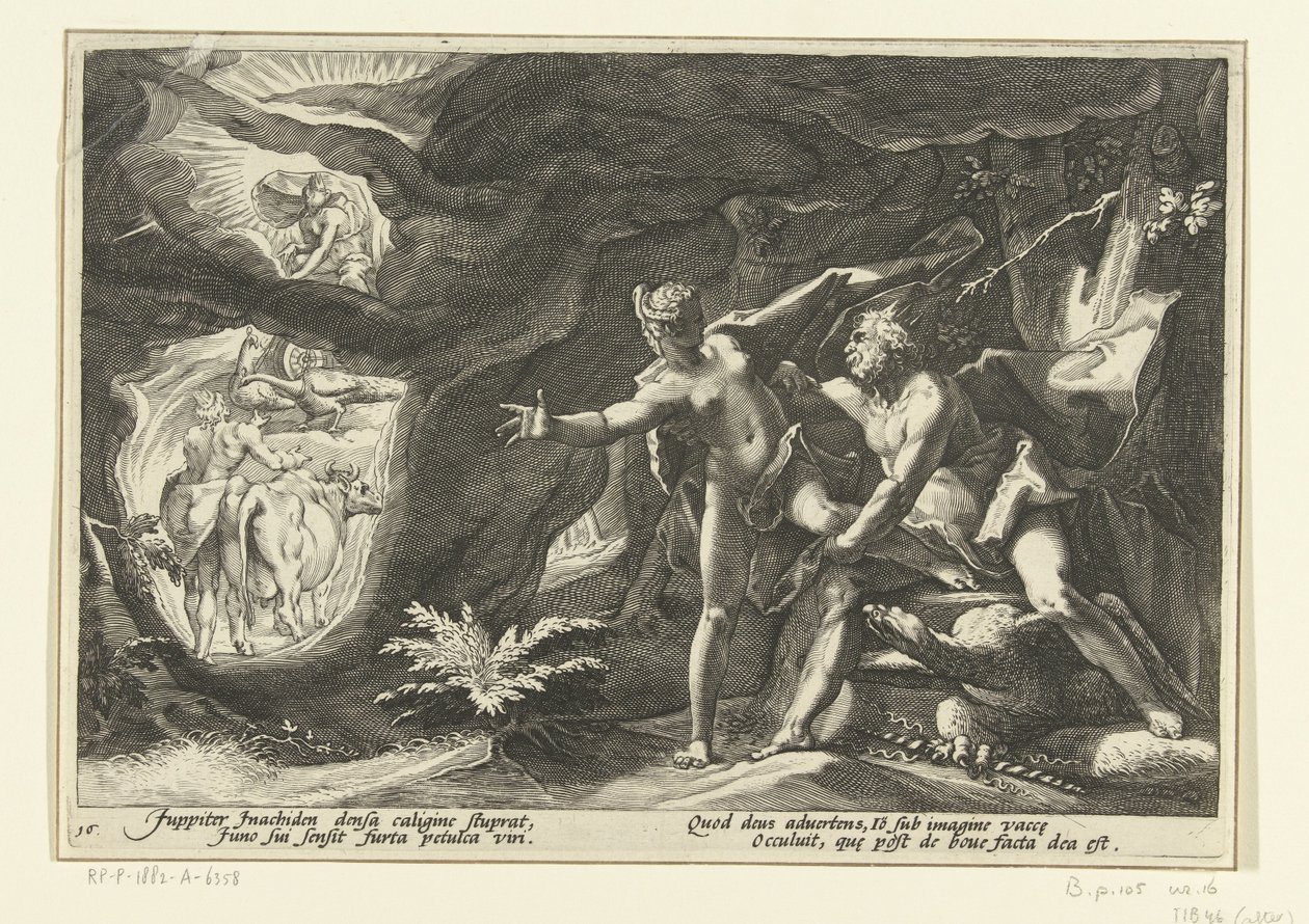 A Jupiter megtámadja Iót Ovidius metamorfózisai (sorozat címe) alkotó: Hendrick Goltzius (workshop of)