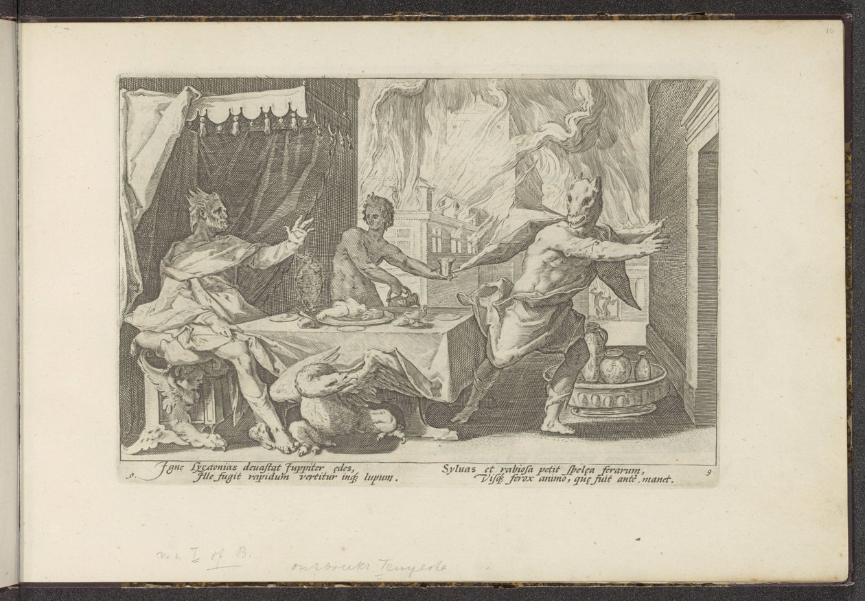 Lycaon farkassá változik Ovidius metamorfózisai (sorozat címe) P. Ovidius Naso rekreációi (sorozat címe) alkotó: Hendrick Goltzius (workshop of)