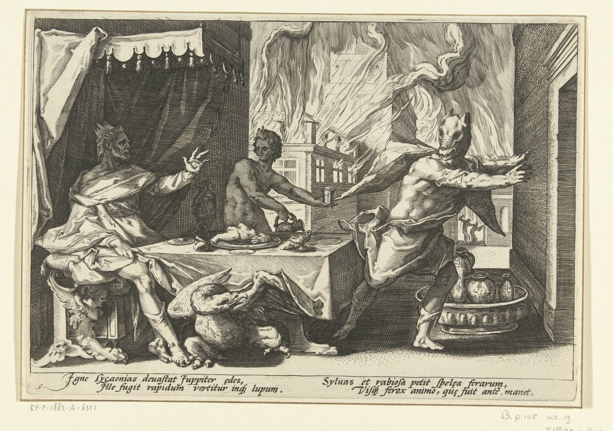 Lycaon farkassá változik Ovidius metamorfózisai (sorozat címe) alkotó: Hendrick Goltzius (workshop of)