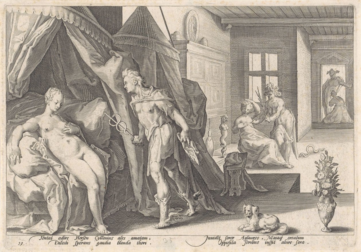 Mercury meglátogatja Hersét Ovidius metamorfózisai (sorozat címe) alkotó: Hendrick Goltzius (workshop of)